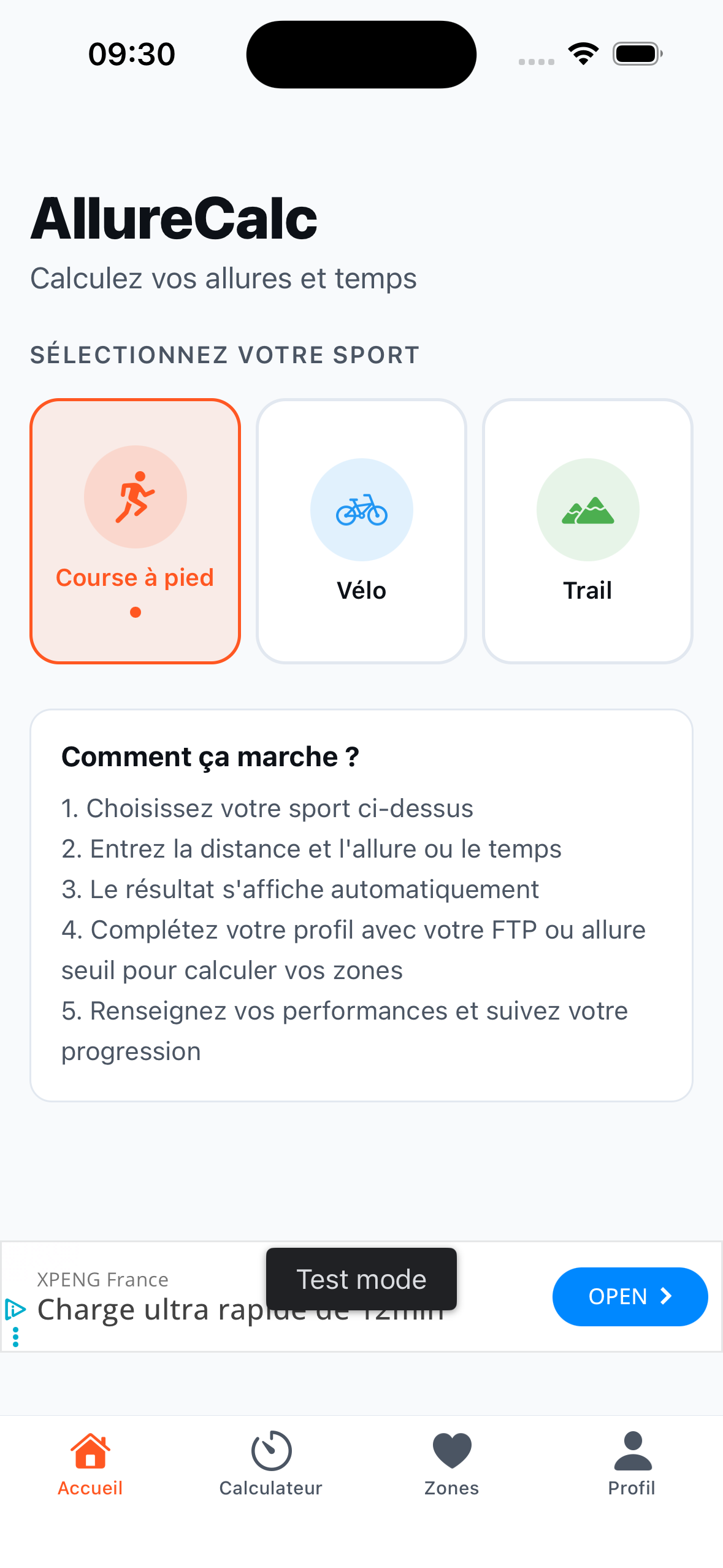 Accueil AllureCalc — sélection du sport